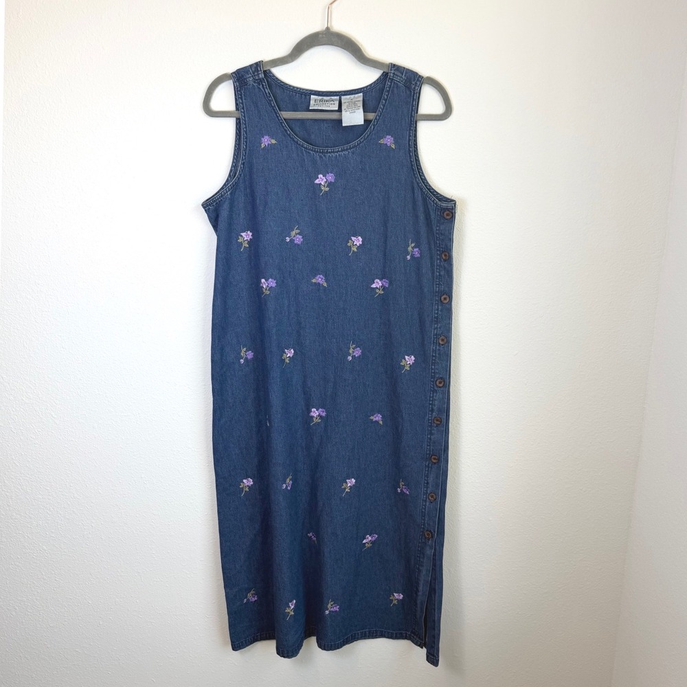 Vtg Denim Floral Embroidered Midi Dress Womens Petite Large Granny Cottagecore